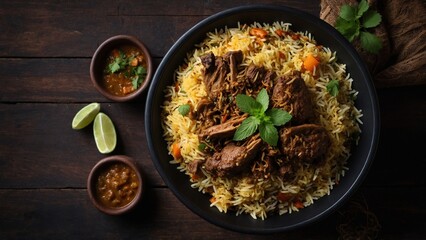 mutton Biryani rice biriany with mint herb and naan bread