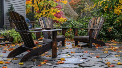 Rustic wooden patio chairs on a stone patio, scattered with bright autumn leaves, peaceful autumn day