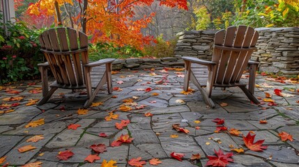 Rustic wooden patio chairs on a stone patio, scattered with bright autumn leaves, peaceful autumn day