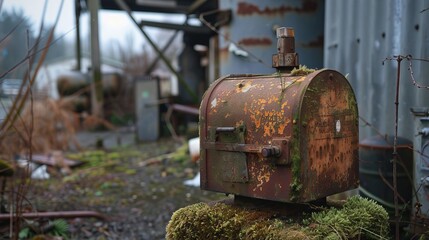 Single rusted mailbox with moss, standing next to an old propane holding, surrounded by an abandoned town
