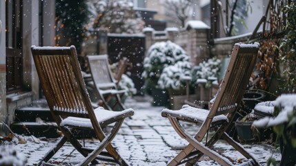 Snow-dusted wooden chairs on a small stone patio, winter atmosphere, quiet and chilly