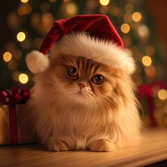 Adorable Fluffy Cat Wearing Santa Hat with Christmas Lights and Gifts in Background