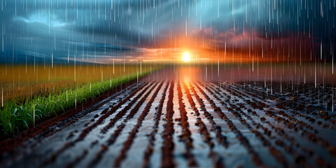Dryness vs Watering, Global Warming Concept with digital icons like water, farm, land, weather, sun, rain, fire, dryness