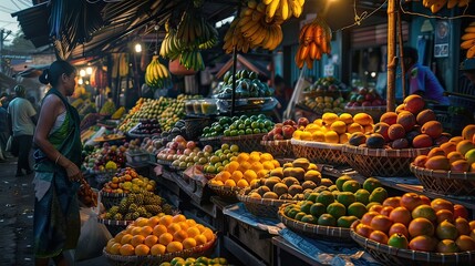 Vibrant Outdoor Market with Fresh Fruits and Vegetables Displayed in Baskets at Dusk