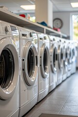 A bright and clean laundry room featuring a row of modern washing machines. Ideal for concepts of cleanliness, efficiency, and modern living.