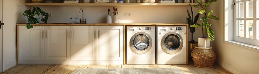 A well-lit, modern laundry room featuring washing machines, wooden cabinets, and indoor plants, bathed in natural sunlight.