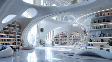 Obraz premium White futuristic library interior with copy space text, for architecture, design, and futuristic