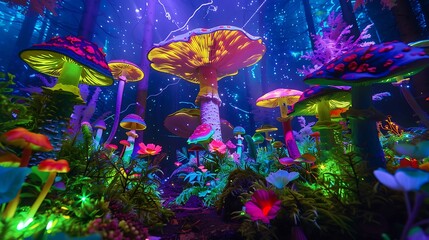 Enchanted Forest Wonderland: Giant Glowing Mushrooms, Luminescent Flowers, and Magical Energy in a Psychedelic