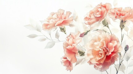 Delicate pink carnations bloom on a white background with soft, watercolor-like detail.
