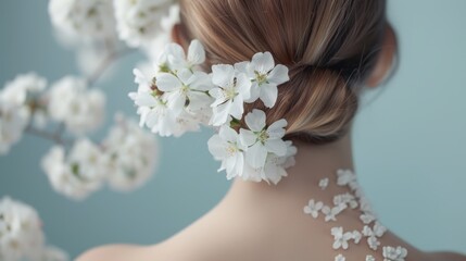 Naklejka premium A woman with blonde hair adorned with white blossoms, creating a delicate and ethereal image.