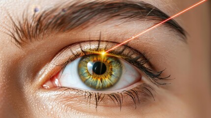 Close up human eye with red laser beam, white background   laser eye surgery concept