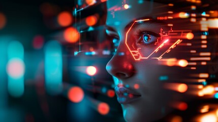 A woman's face is overlaid with futuristic digital circuitry, illuminated by vibrant blue and red lights. The background features a blurred city lightscape.