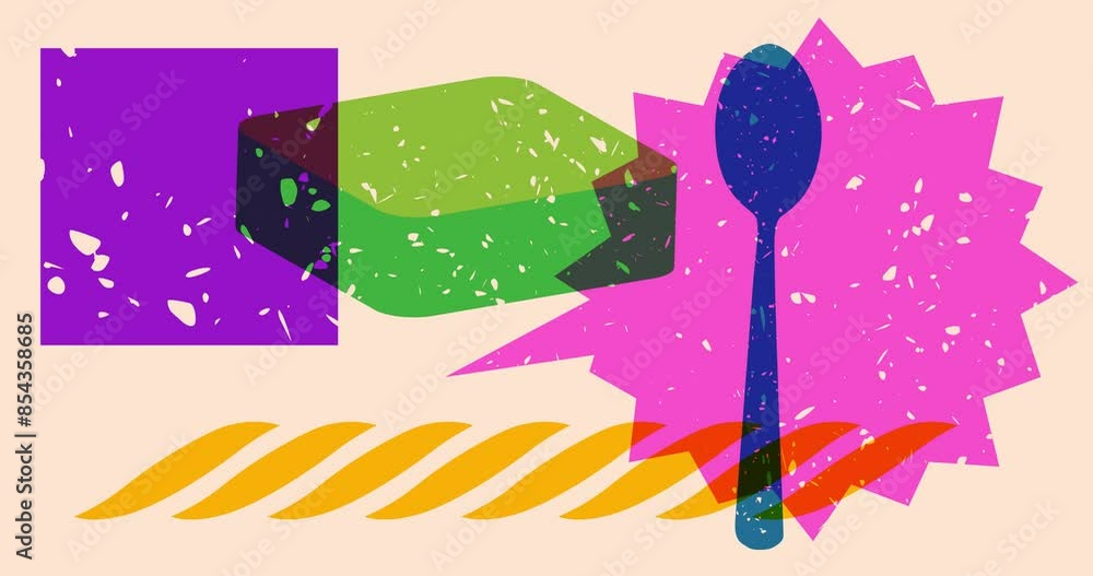 Poster risograph spoon and speech bubble with geometric shapes animation. moving object in trendy riso grap