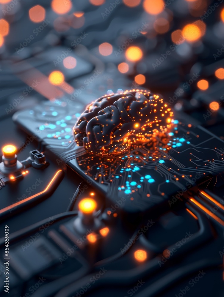 Poster a glowing brain sits on a circuit board, symbolizing the intersection of technology and intelligence