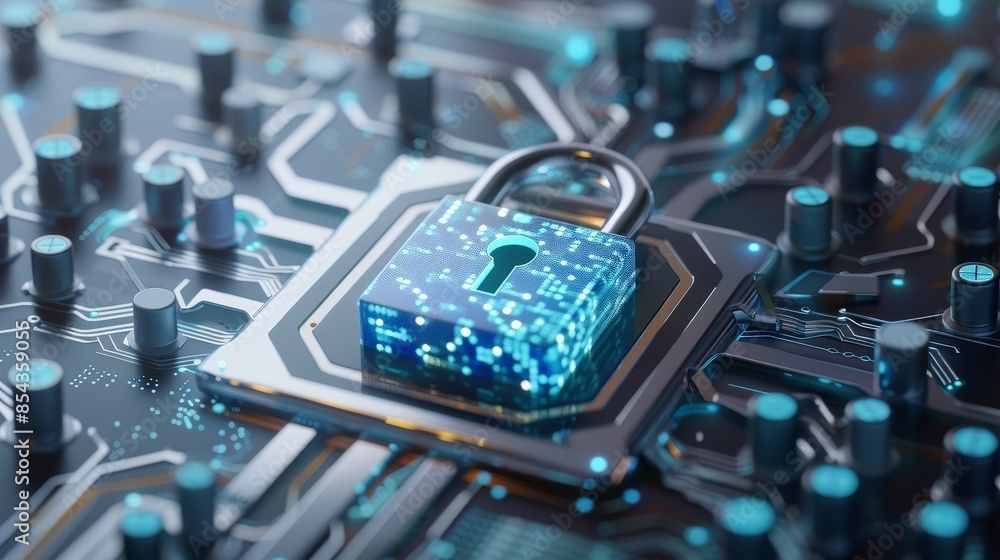 Poster a glowing padlock sits atop a circuit board, representing digital security and data protection.