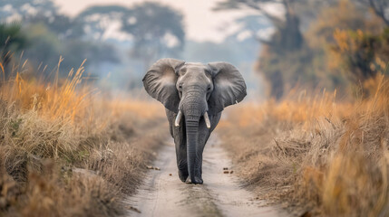 A large African elephant walks down a dirt path in the savanna. The elephant is in focus while the background is blurred.
