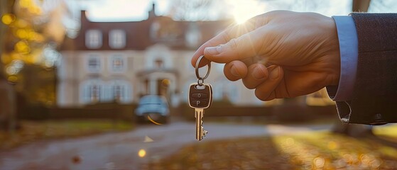 Wealthy individual holding keys to a luxury car and mansion