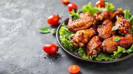 spicey chicken wings with lettuce on plate. copy space