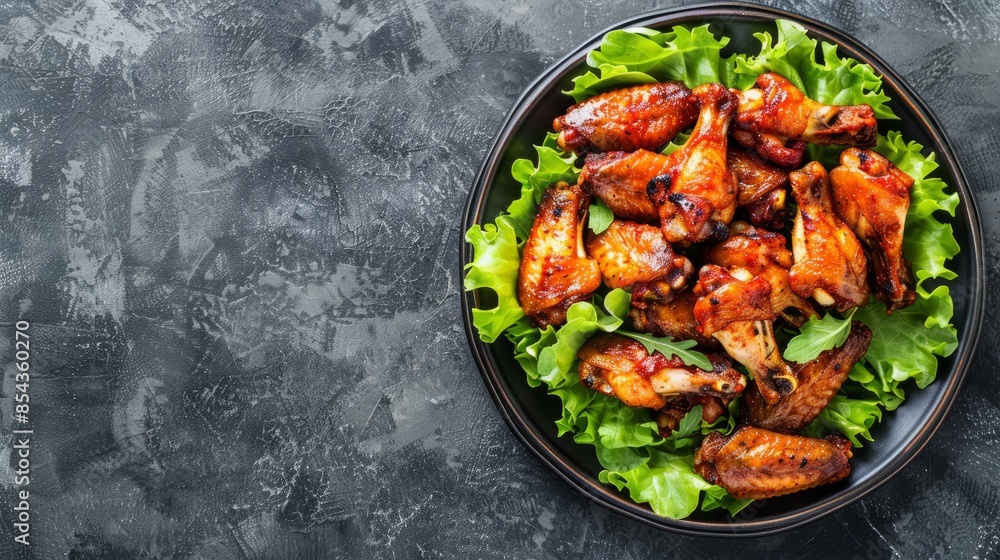 Wall mural spicey chicken wings with lettuce on plate. copy space - Wall murals