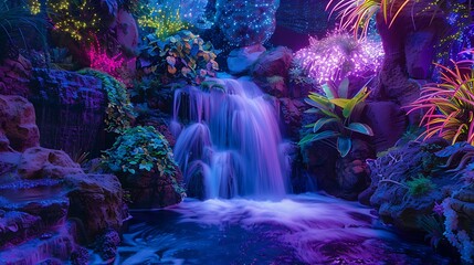 Enchanted Glowing Waterfall: Surreal Magical Landscape with Ethereal Light