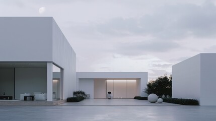 A white house with a large white garage