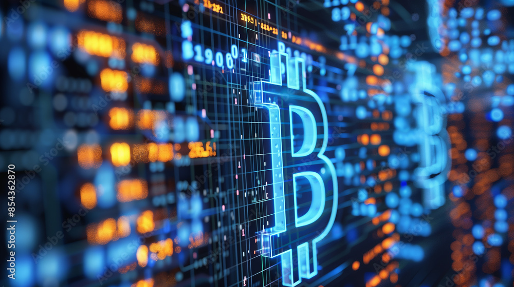 Poster a colorful, abstract image of a b with a lot of dots surrounding it. the image has a futuristic, tec
