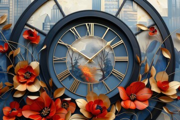 Obraz premium Create an image of a clock on the center, with gears and springs around it. The background is metallic silver, 