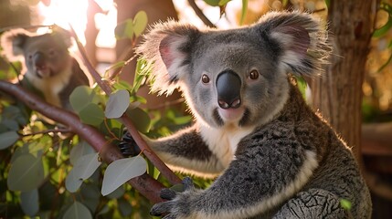 Fototapeta premium Kawaii Koalas Relaxing on Branches in a Sun-Drenched Forest