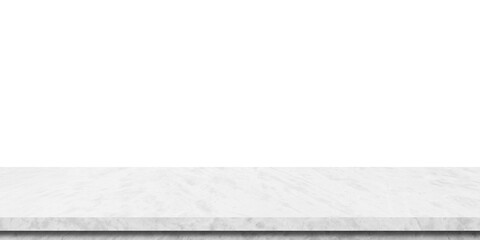 Empty white marble table isolated on white background, banner, product display montage