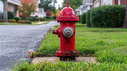 Fire hydrant painted bright red, located on a serene residential side street, surrounded by well-kept lawns