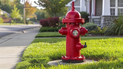 Fire hydrant painted bright red, located on a serene residential side street, surrounded by well-kept lawns
