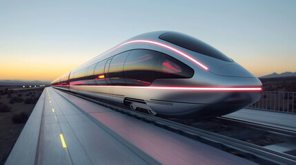 Fototapeta premium Futuristic high-speed train traveling through desert landscape at sunset.