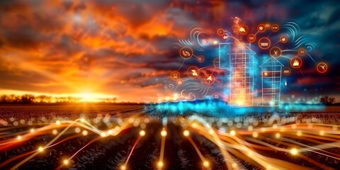 Global Warming Concept with digital icons like water, farm, land, weather, sun, rain, fire, dryness