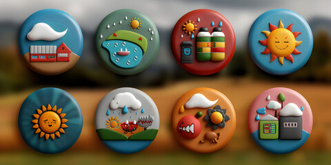 Global Warming Concept with digital icons like water, farm, land, weather, sun, rain, fire, dryness