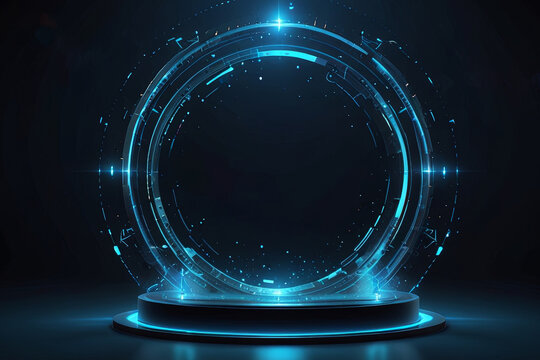 Blue hologram portal with a magical, sci-fi design. High-tech, futuristic teleport podium with stunning light effects.