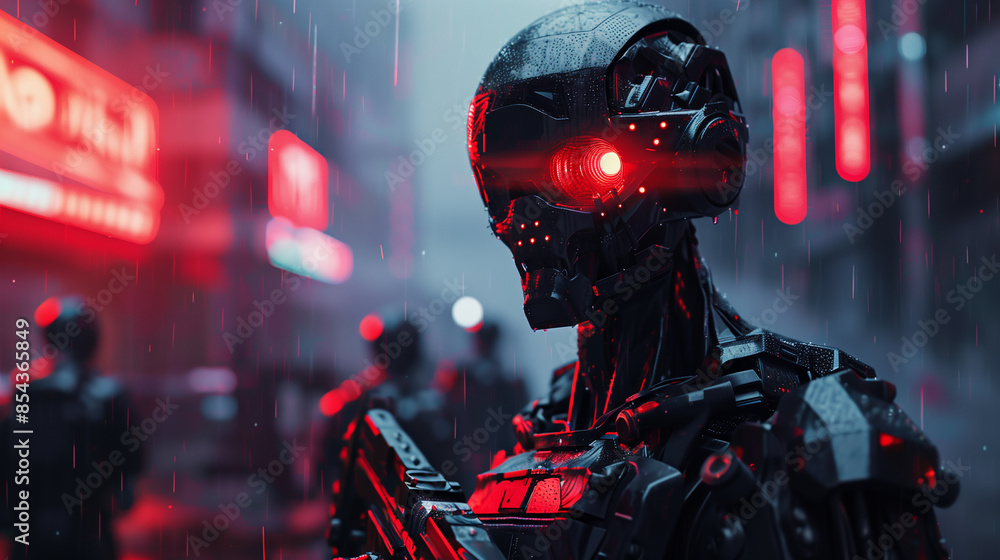 Aufkleber a robot with red eyes stands in front of a neon sign. the robot is surrounded by other robots, and t