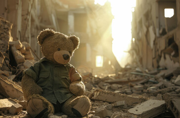A teddy bear wearing a yellow shirt sitting on the rubble of destroyed buildings, in an urban...