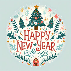 Fototapeta premium Festive Happy New Year Illustration with Decorative Christmas Trees, Snowflakes, and Holiday Elements on Light Background, Perfect for Seasonal Greeting Cards and Celebration Designs