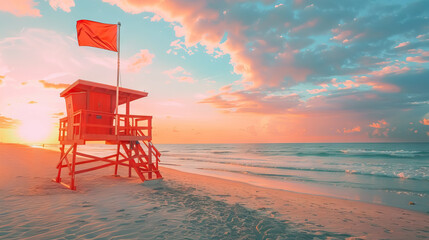 lifeguard towers, flags against sunset sky in the beach with copy space.