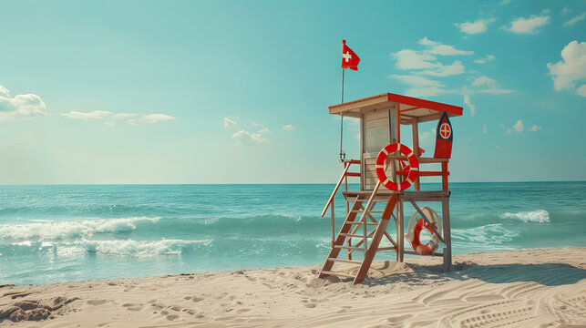 Beach environments with lifeguard towers, flags, and safety signs with copy space.