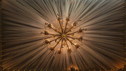 Gold crystal chandelier and white fabric canopy make up the backdrop