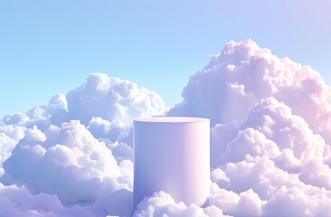  simple white cylinder placed on clouds against a blue background, with a gradient solid color in the style of a flat illustration, soft gradients, a cartoon realism style, resembling children's book 