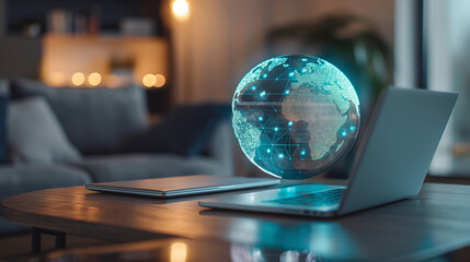  digital data globe floating over a laptop on the table, futuristic internet technology worldwide network connectivity 