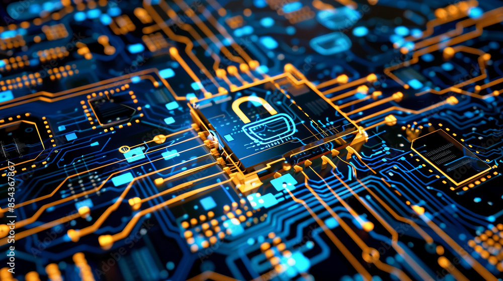 Poster a computer chip with a red and blue lock on it