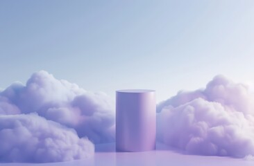 Obraz premium simple white cylinder placed on clouds against a blue background, with a gradient solid color in the style of a flat illustration, soft gradients, a cartoon realism style, resembling children's book 