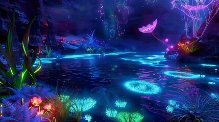 Ethereal Glow: Enchanted Lake with Luminescent Plants and Magical Energy in a Surreal Black-light Party Setting 