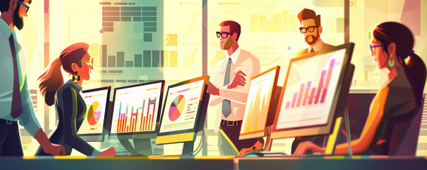 Analyzing Financial Data: Vibrant Office Scene of Business Team Studying Charts and Graphs