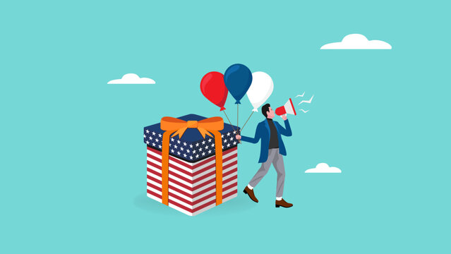 United States Independence Day celebration, happy 4th of july, Business people announce door prize winners at American Independence Day event with giftbox and balloons with American flag patterns