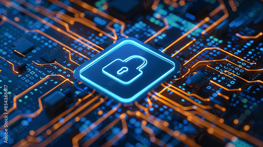 Poster a computer chip with a red and blue lock on it