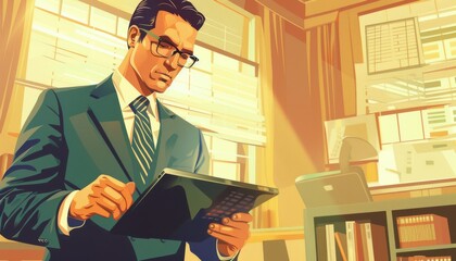 Modern Businessman Analyzing Financial Strategies on Tablet in Office Setting